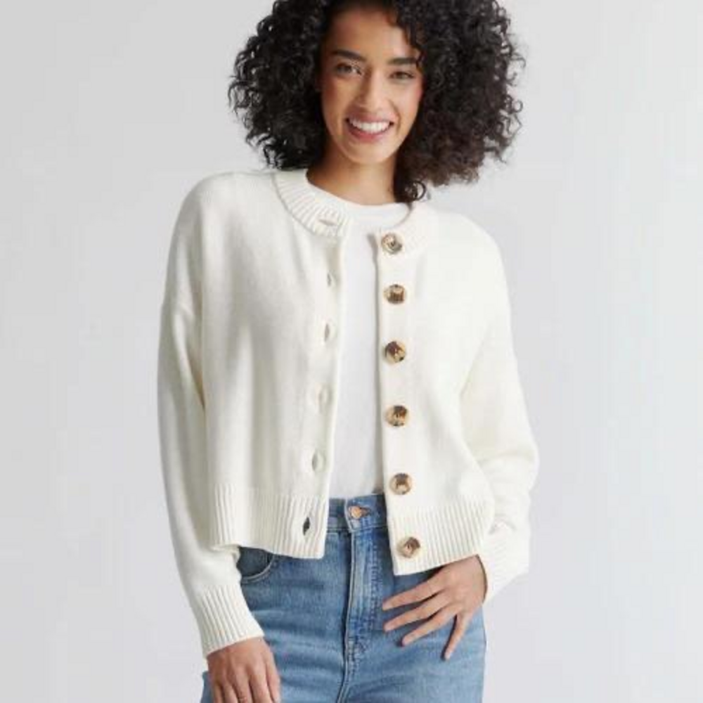 Quince 100% Organic Cotton Cropped Cardigan in White